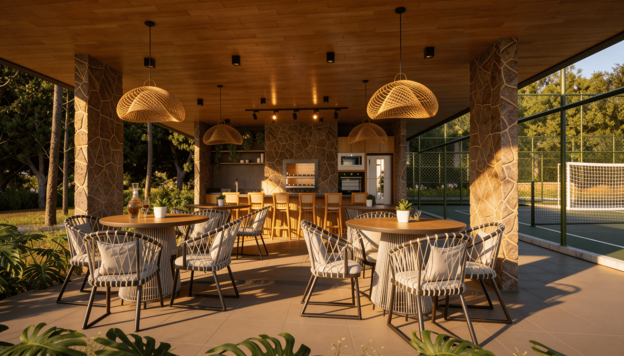 Espaço gourmet coberto ao lado das quadras esportivas